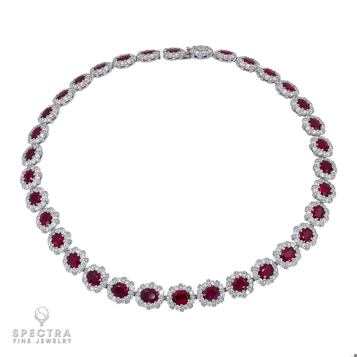 Contemporary Burmese Ruby Diamond Halo Riviere Necklace