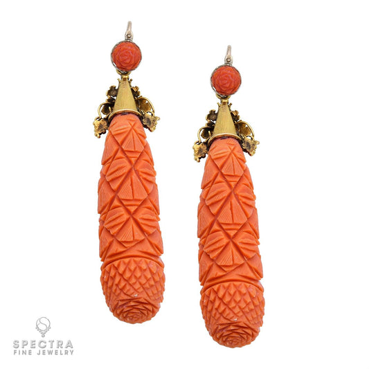 Antique Victorian Carved Coral Earrings