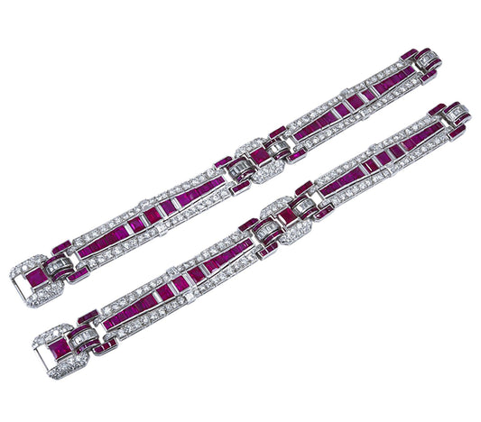 Art Deco Ruby Diamond Bracelet Pair in Platinum