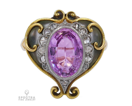 Art Nouveau Pink Spinel and Diamond Cocktail Ring in 18k Yellow Gold