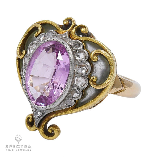 Art Nouveau Pink Spinel and Diamond Cocktail Ring in 18k Yellow Gold