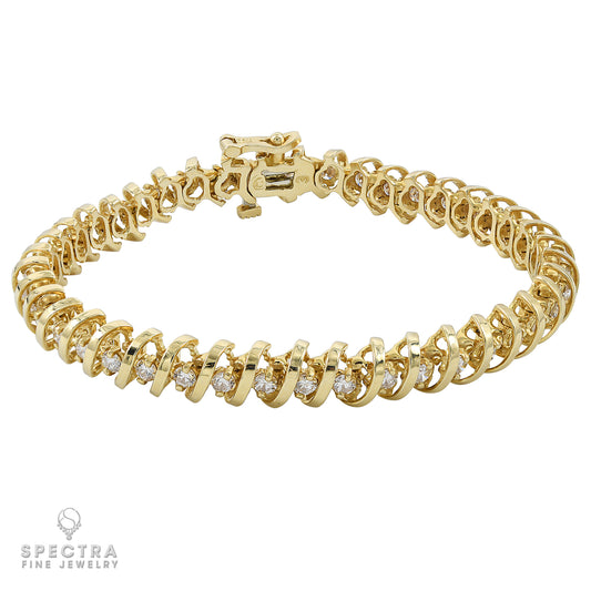 Contemporary Yellow Gold Diamond Coil Tennis Line Bracelet 3.78ct