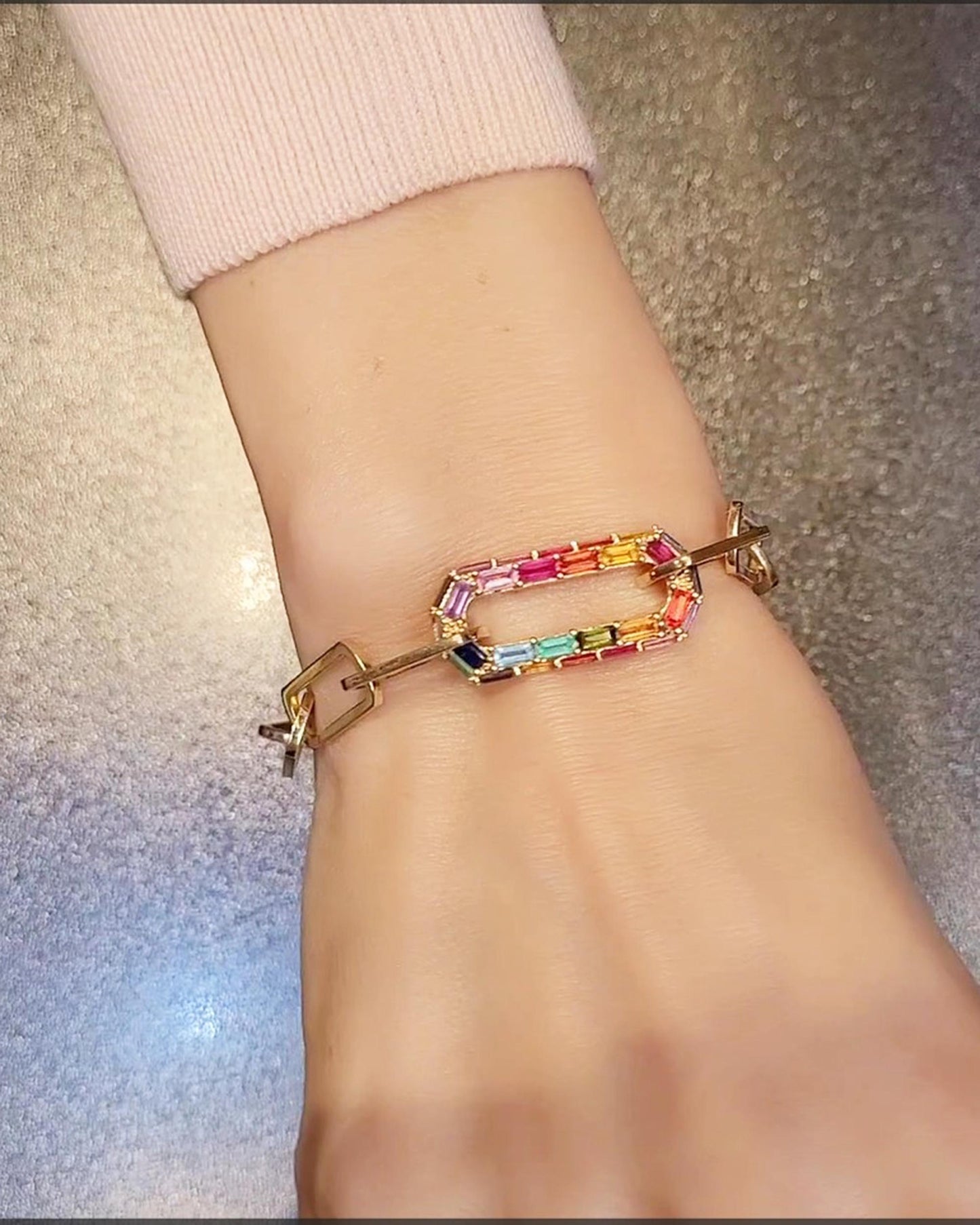 14K Yellow Gold Multi-Gemstone Paperclip Bracelet, 6.75 in