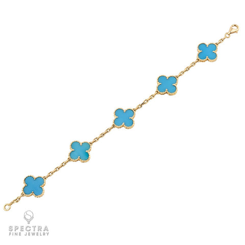 Van Cleef Arpels 5-Motif Turquoise Alhambra Bracelet in 18K