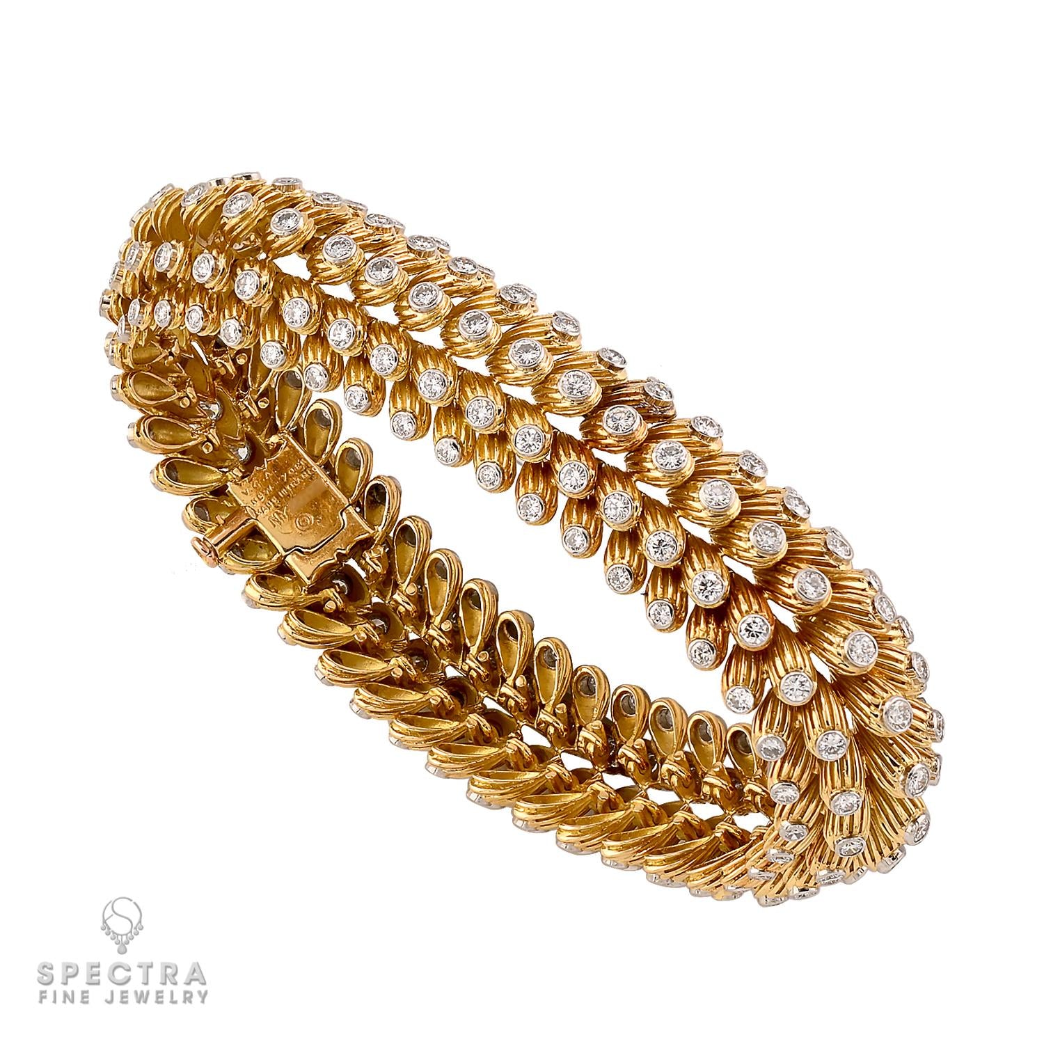 Signed Van Cleef & Arpels Diamond Fluted Bracelet, 1950s