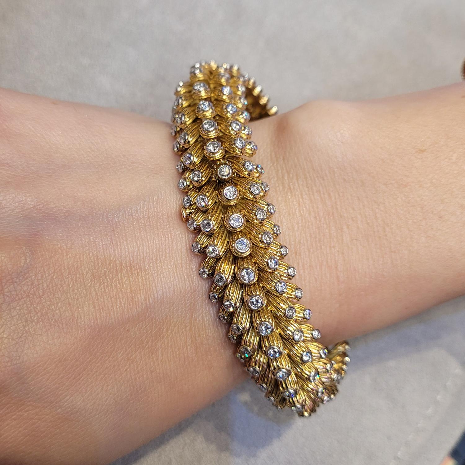 Signed Van Cleef & Arpels Diamond Fluted Bracelet, 1950s