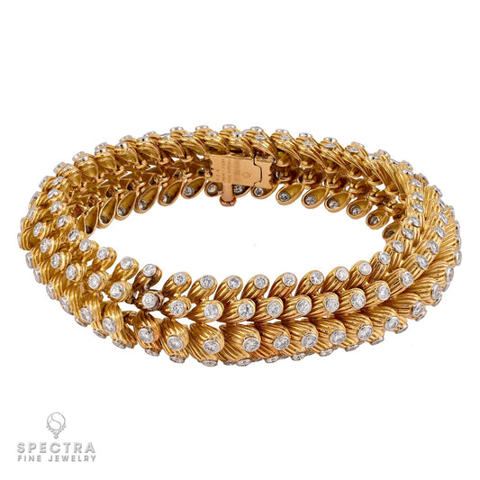 Signed Van Cleef & Arpels Diamond Fluted Bracelet, 1950s