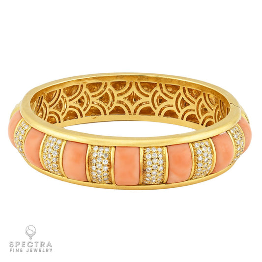 Van Cleef & Arpels 18k Gold Coral & Diamond Bangle Bracelet | Spectra