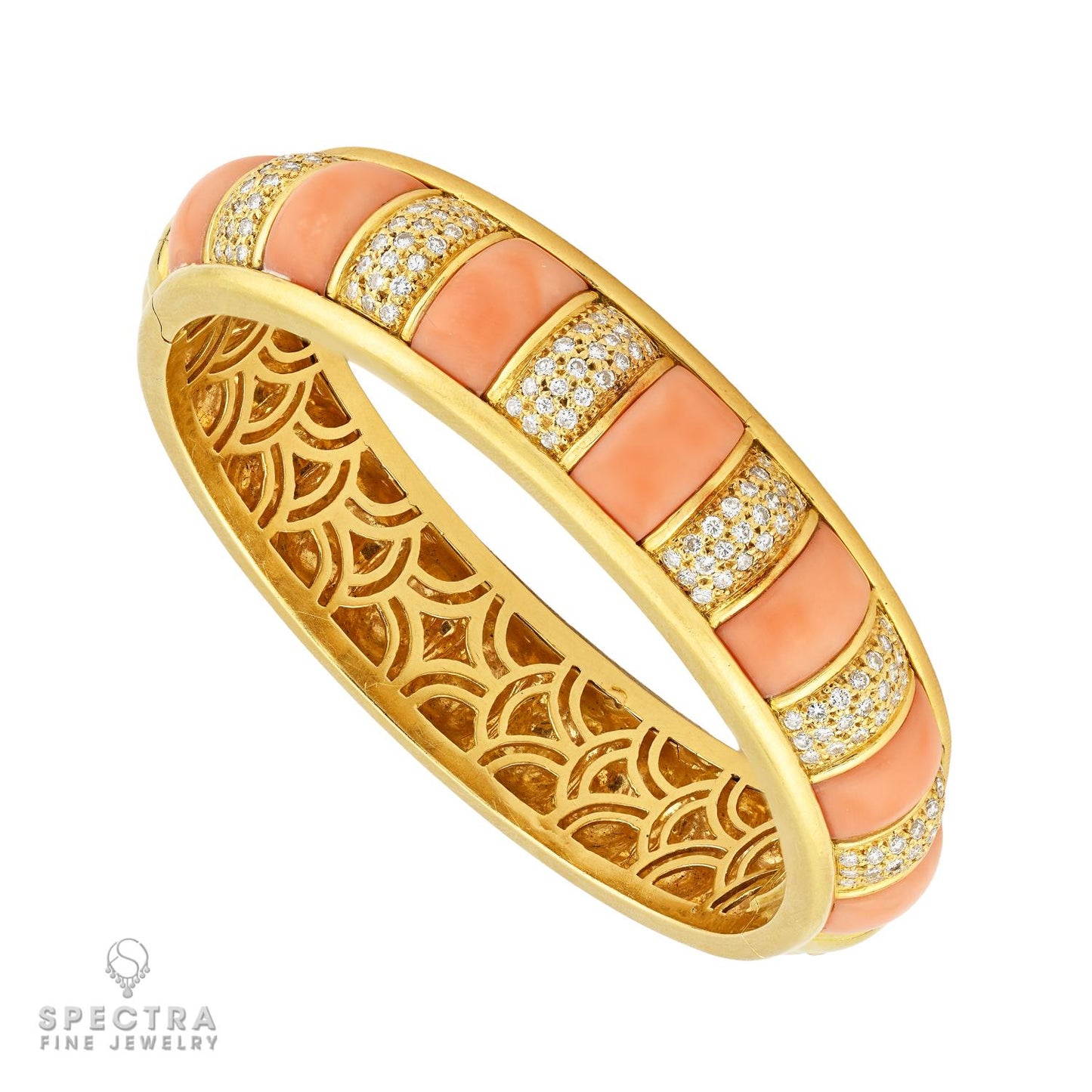 Van Cleef & Arpels 18k Gold Coral & Diamond Bangle Bracelet | Spectra