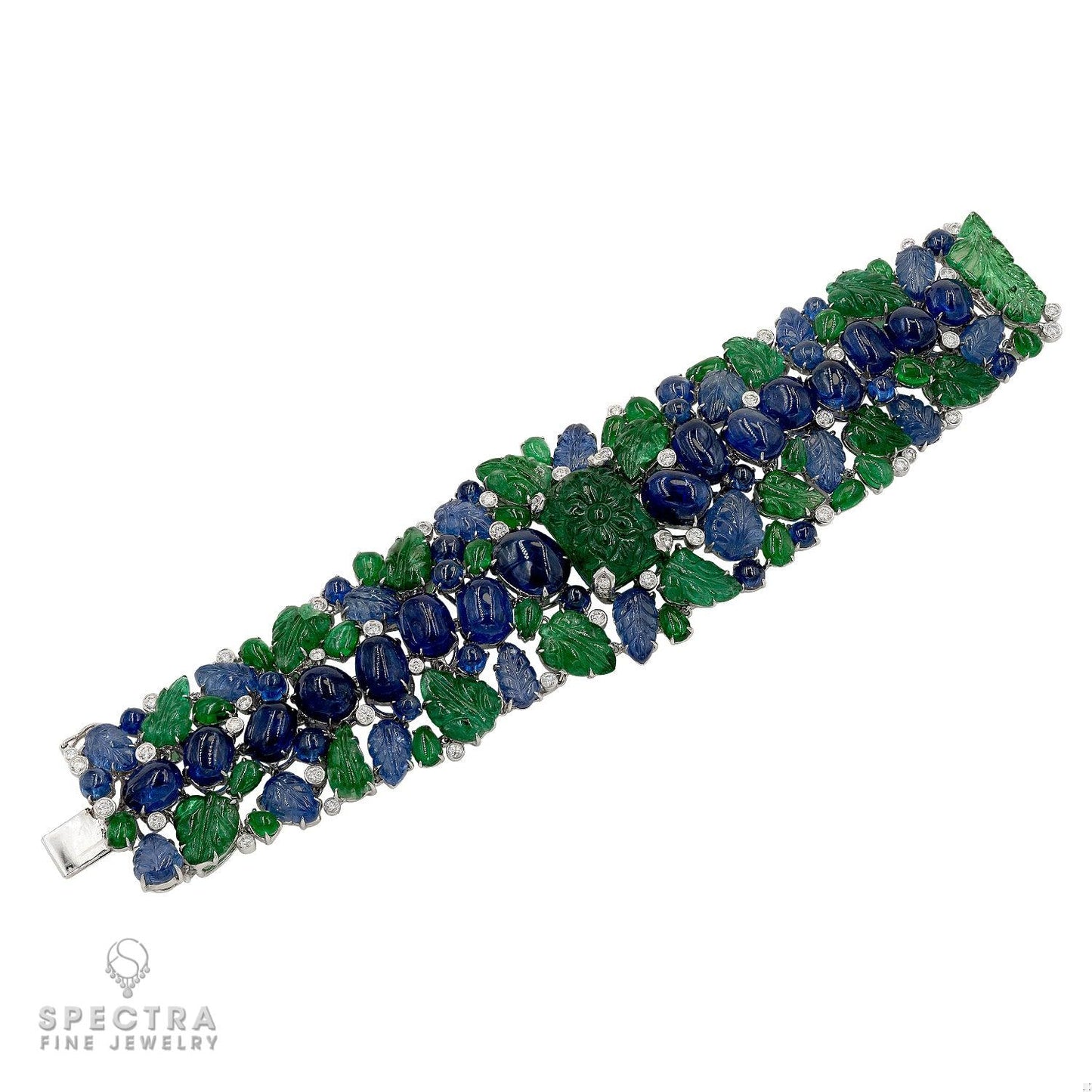 Carved Emerald and Sapphire Wide Bracelet