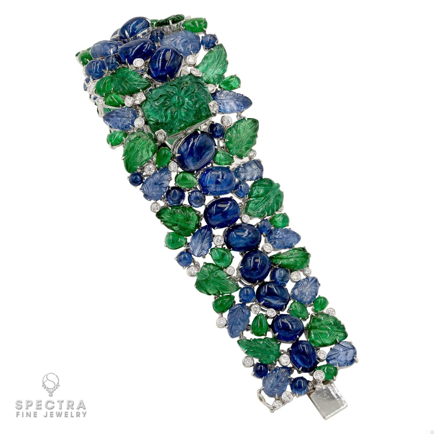 Carved Emerald and Sapphire Wide Bracelet