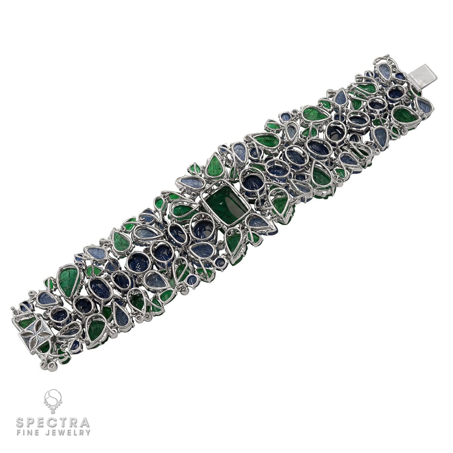 Carved Emerald and Sapphire Wide Bracelet