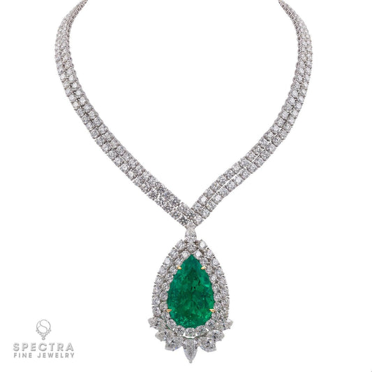 Certified 47.76 Carat Colombian Emerald and Diamond Necklace/Brooch