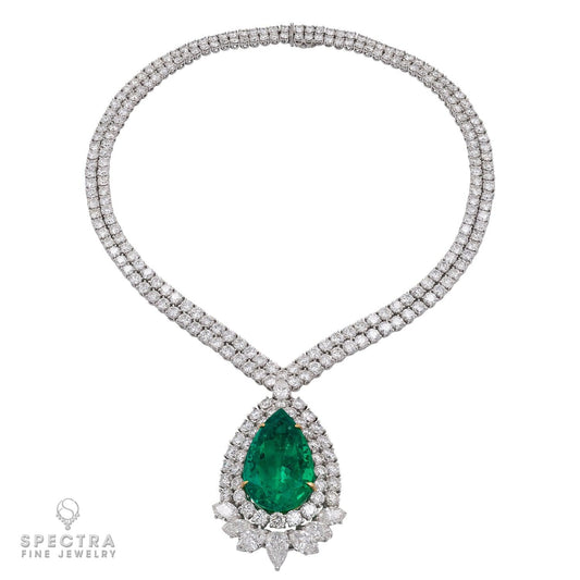 Certified 47.76 Carat Colombian Emerald and Diamond Necklace/Brooch