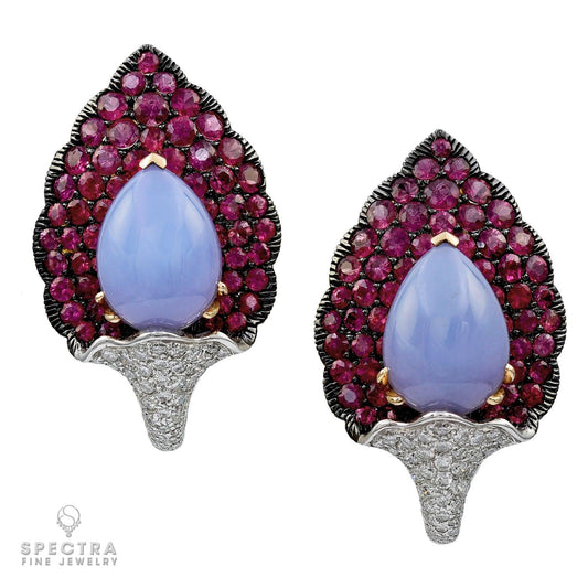Chalcedony Pink Sapphire Jewelry Set: Brooch and Ear Clips in 18k Oxidized Gold
