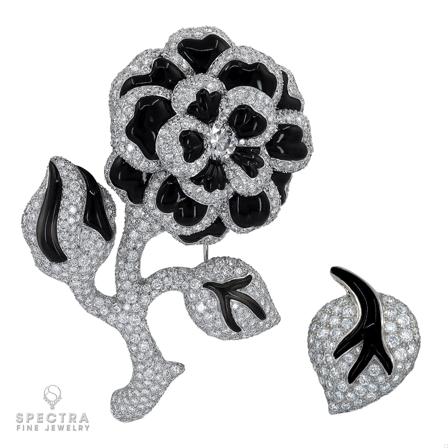 Chanel Vintage Diamond Onyx Flower Brooches Set Demi Parure Pair
