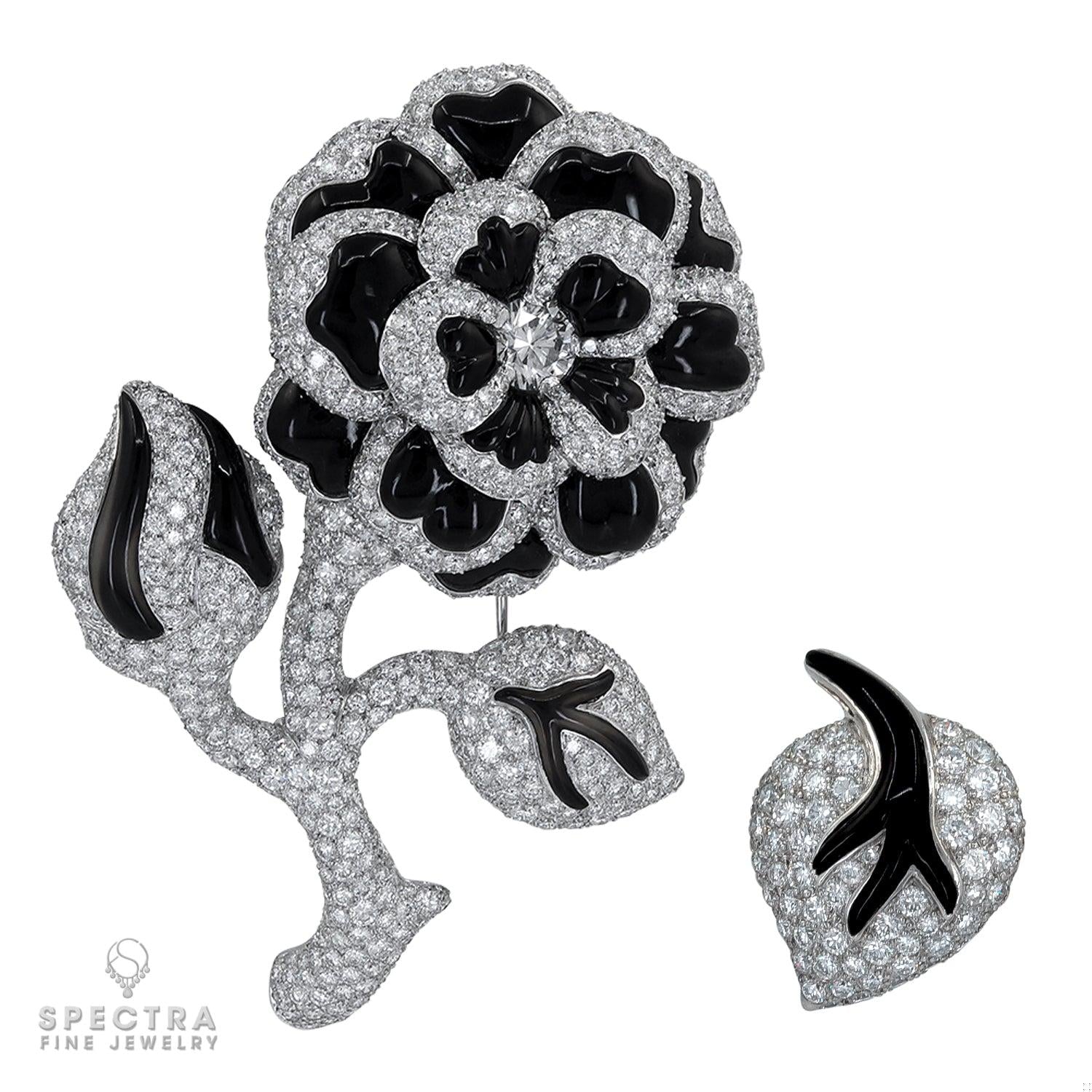 Chanel Vintage Diamond Onyx Flower Brooches Set Demi Parure Pair