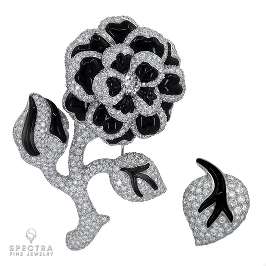Chanel Vintage Diamond Onyx Flower Brooches Set Demi Parure Pair