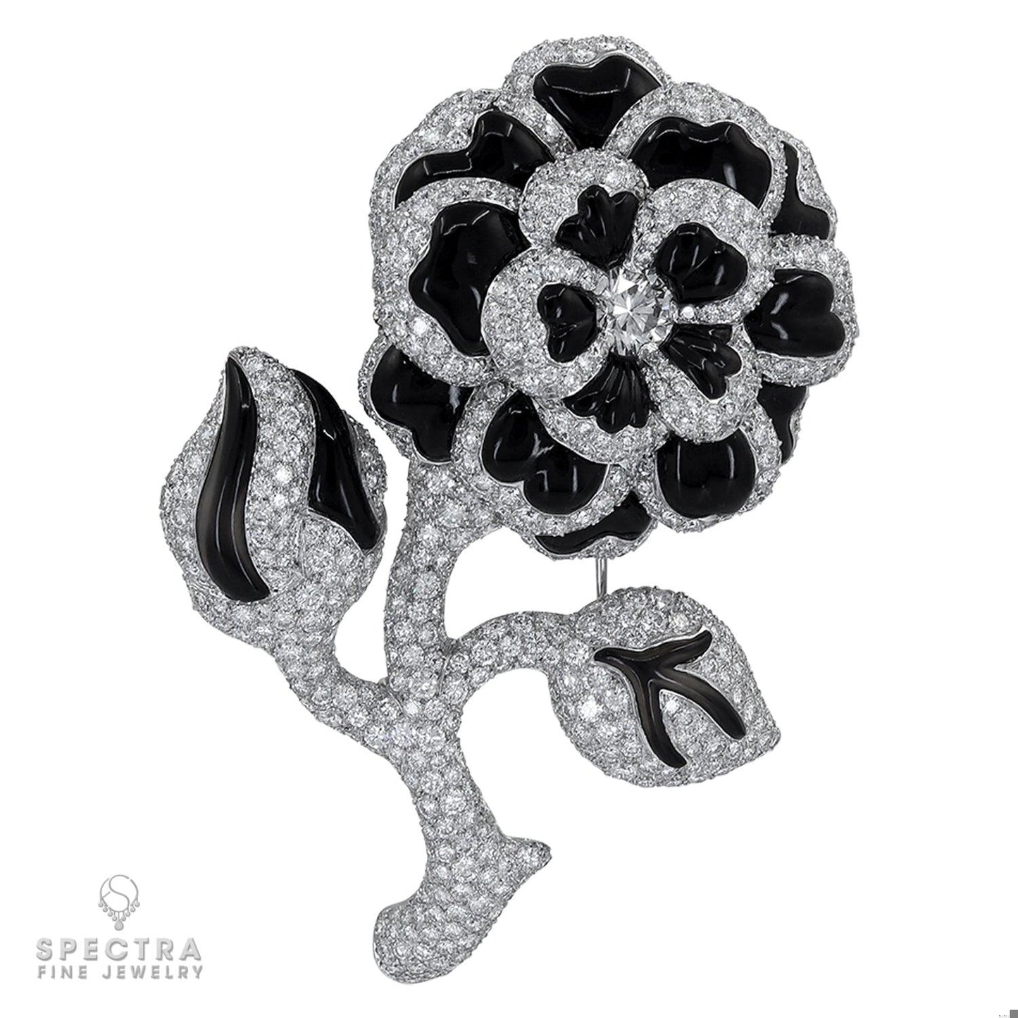 Chanel Vintage Diamond Onyx Flower Brooches Set Demi Parure Pair