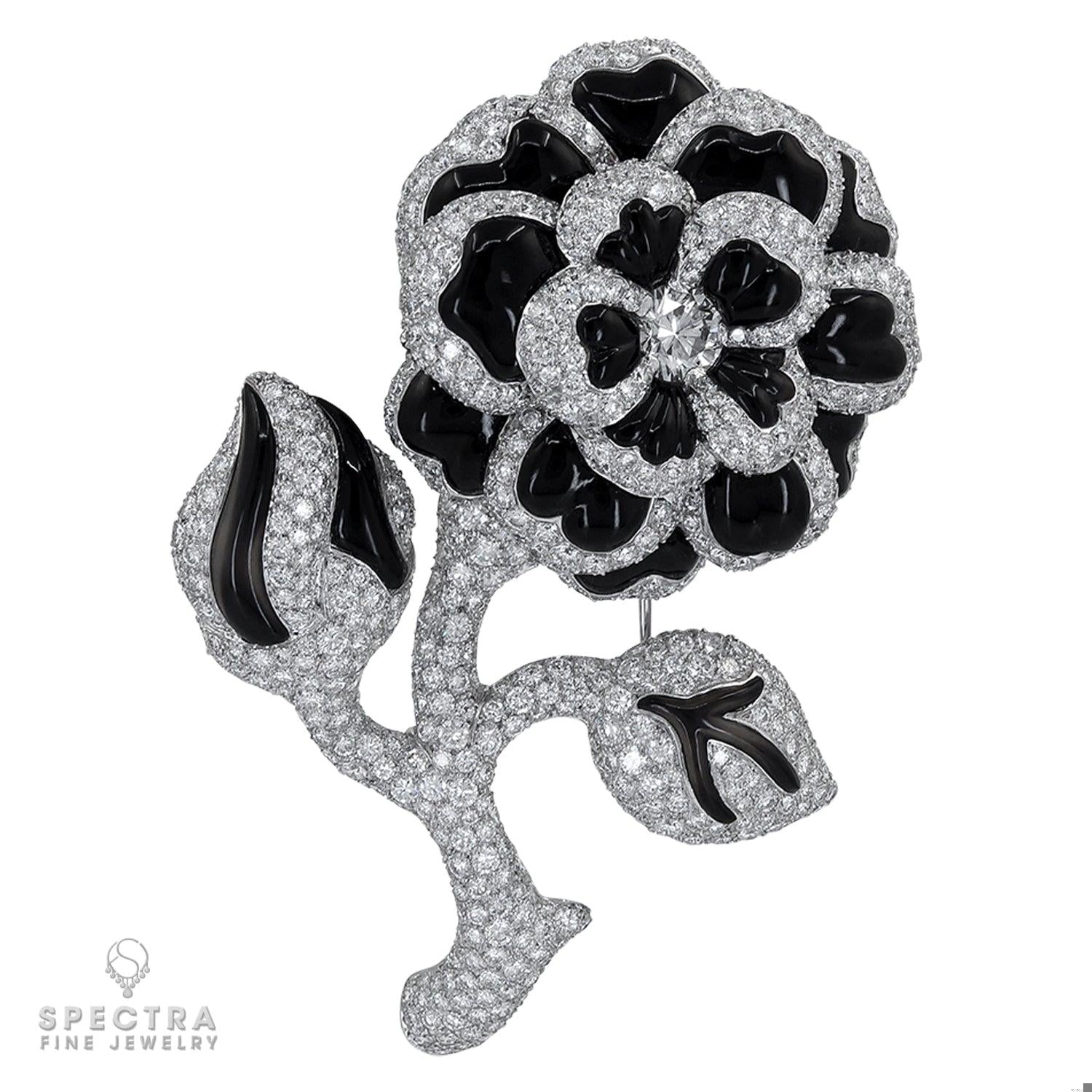 Chanel Vintage Diamond Onyx Flower Brooches Set Demi Parure Pair