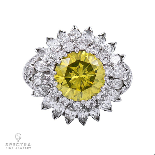 Contemporary 3.01ct Round Brilliant Yellow Diamond Halo Cocktail Engagement Ring