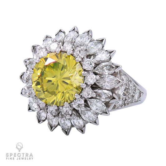 Contemporary 3.01ct Round Brilliant Yellow Diamond Halo Cocktail Engagement Ring