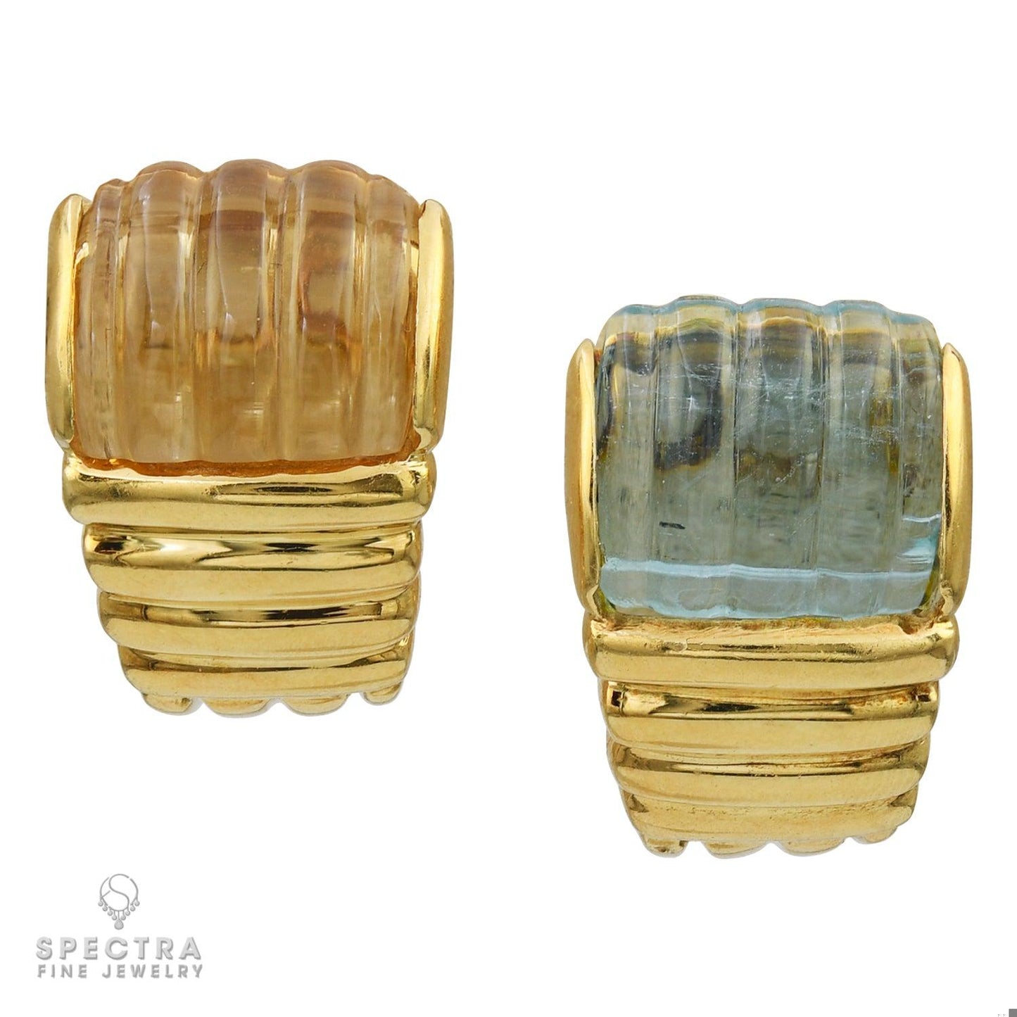 Contemporary Blue Topaz Citrine Fluted Button Earrings