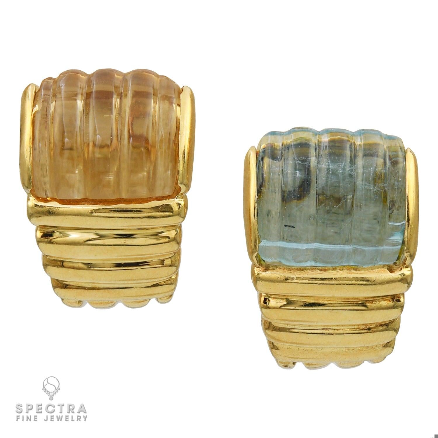 Contemporary Blue Topaz Citrine Fluted Button Earrings