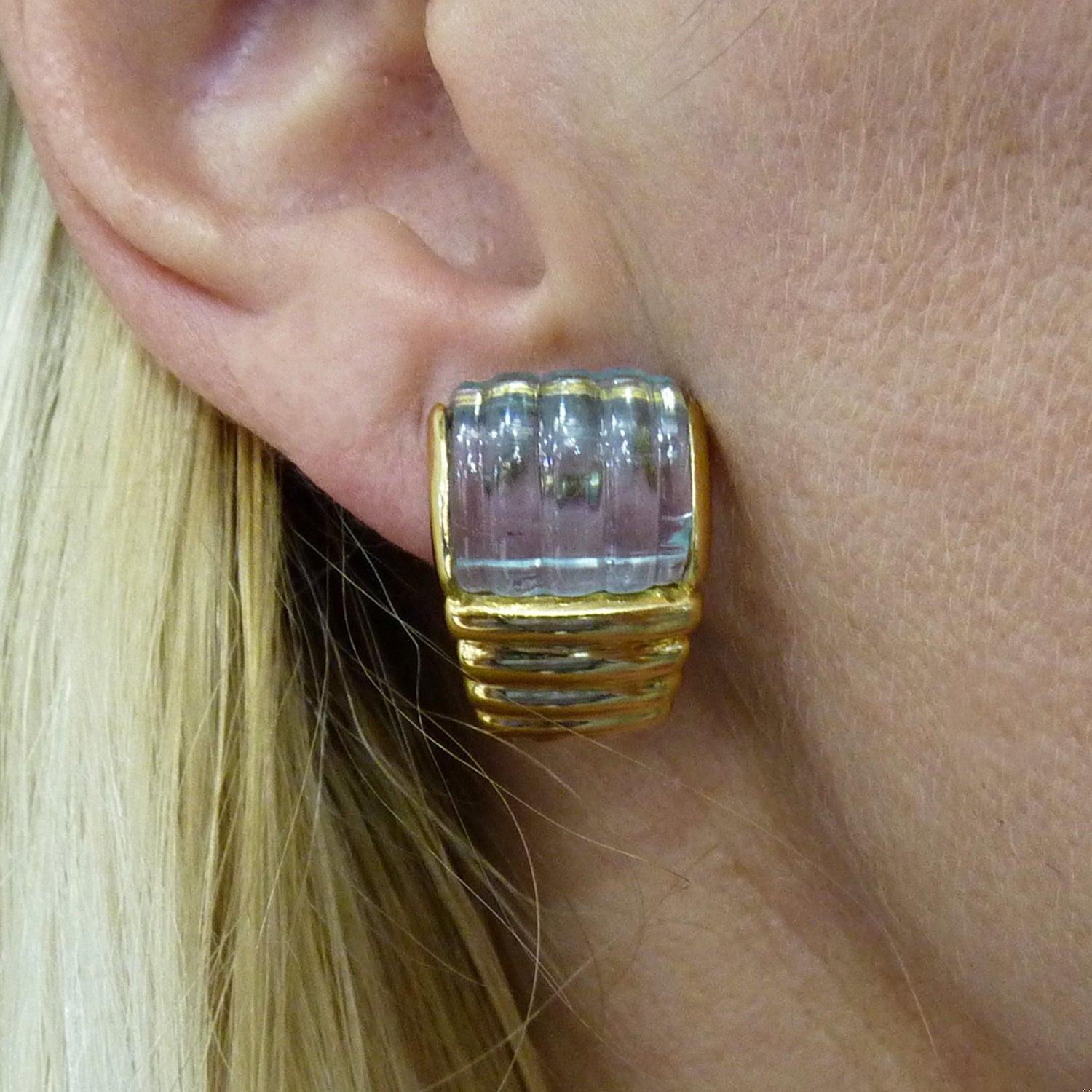 Contemporary Blue Topaz Citrine Fluted Button Earrings
