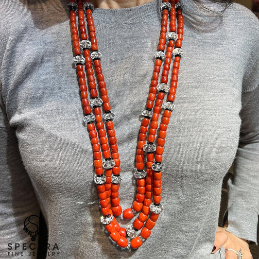 Contemporary Coral Bead Rock Crystal Tiered Necklace