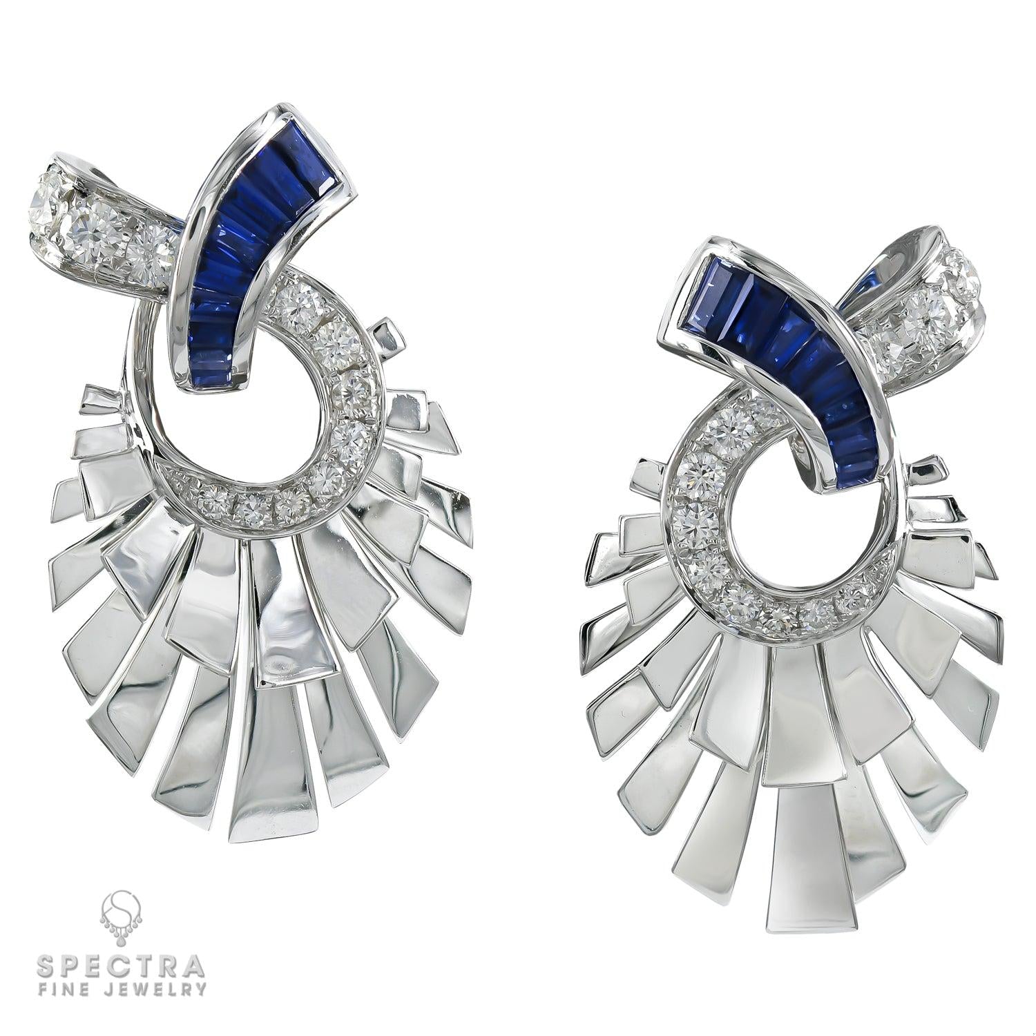 Contemporary Deco Revival Diamond Sapphire Fan Earrings