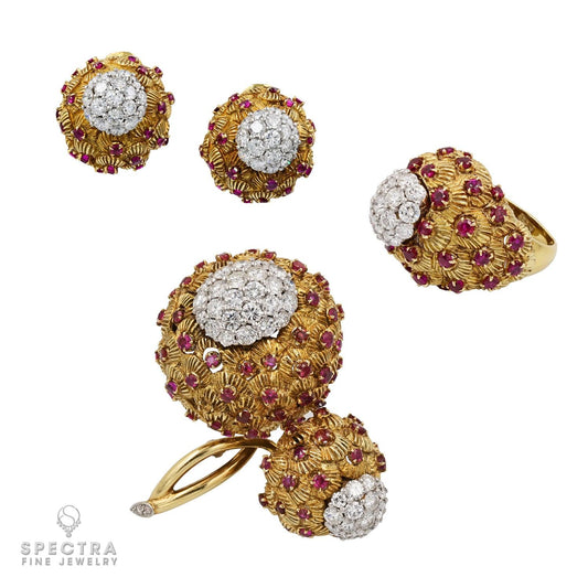 Contemporary Diamond Ruby Earrings Ring Brooch Demi Parure Suite