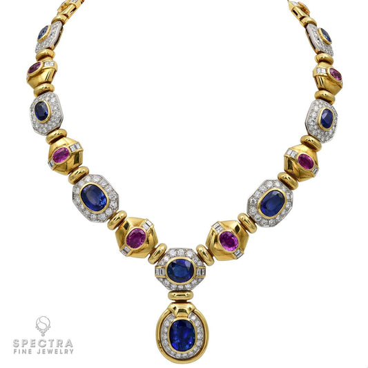 Contemporary Multi-colored Sapphire and Diamond 18K Yellow Gold Necklace