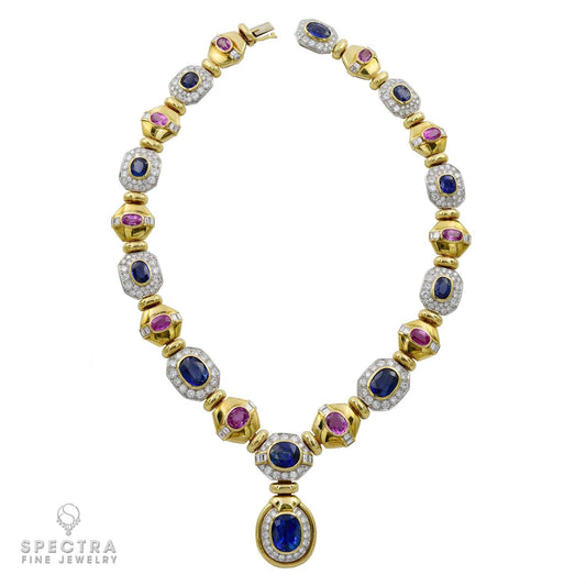 Contemporary Multi-colored Sapphire and Diamond 18K Yellow Gold Necklace