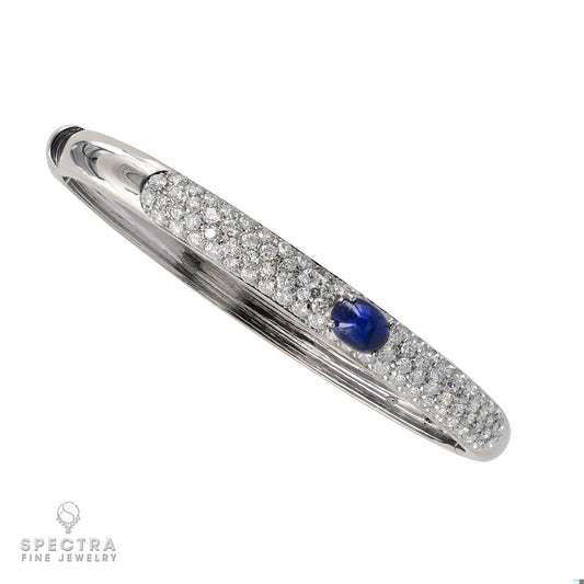 Contemporary Oval Sapphire Diamond Pave Bombe Bangle Bracelet