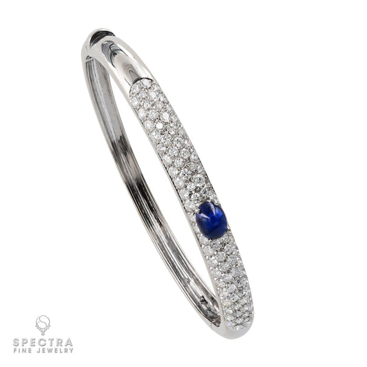 Contemporary Oval Sapphire Diamond Pave Bombe Bangle Bracelet