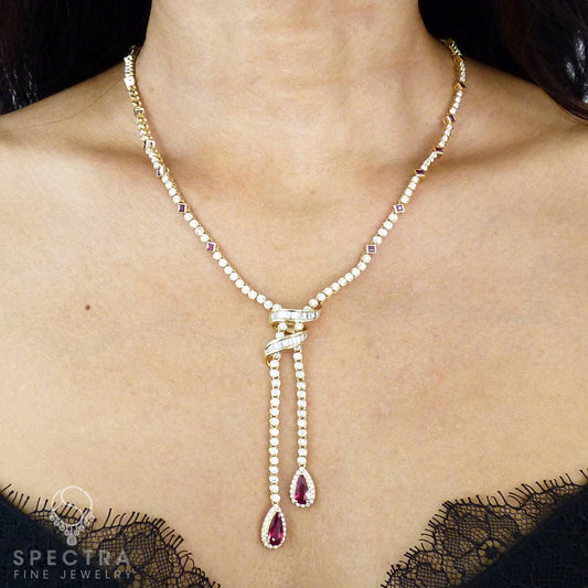 Contemporary Ruby Diamond Lavalier Drop Necklace