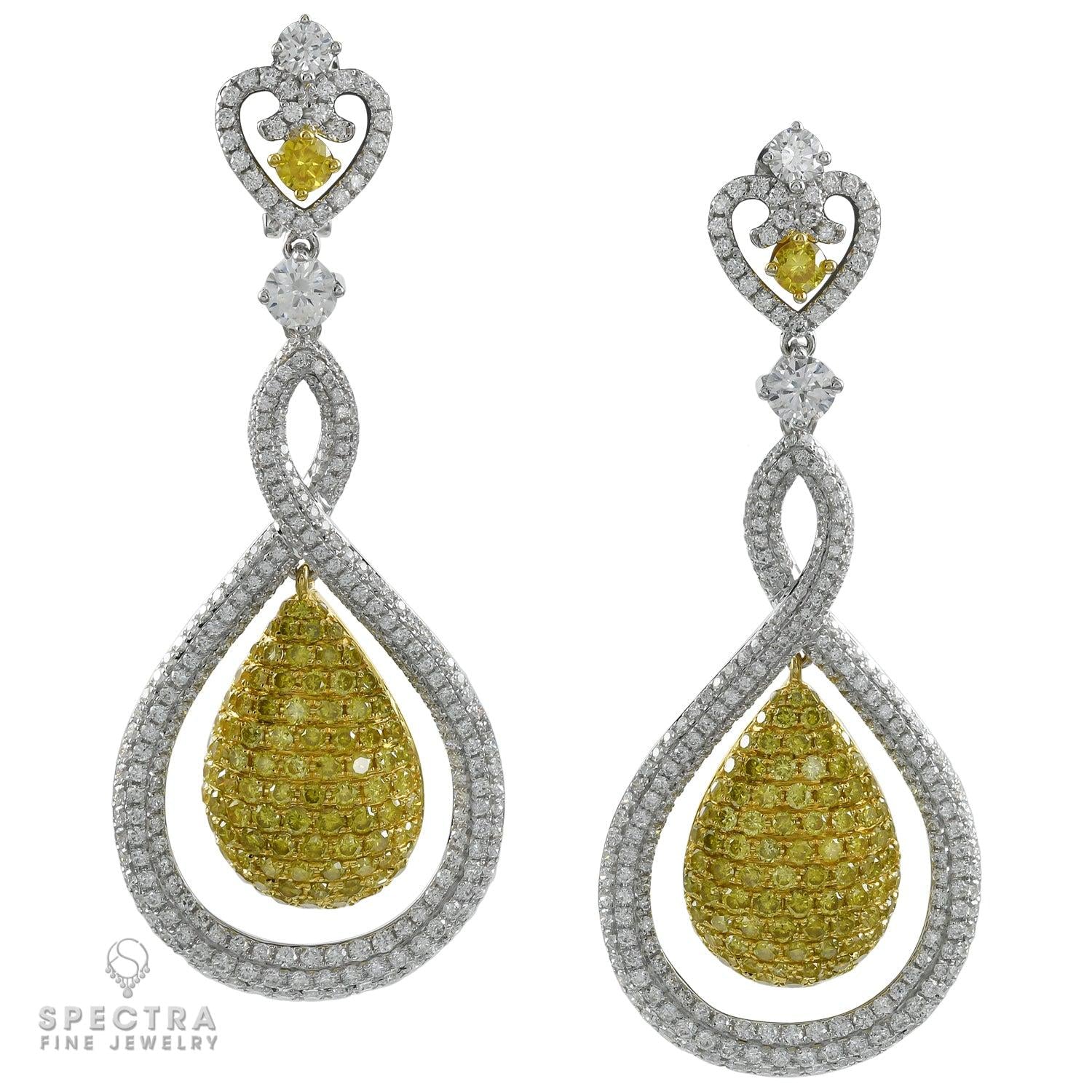 Contemporary Yellow White Diamond Pave Drop Earrings