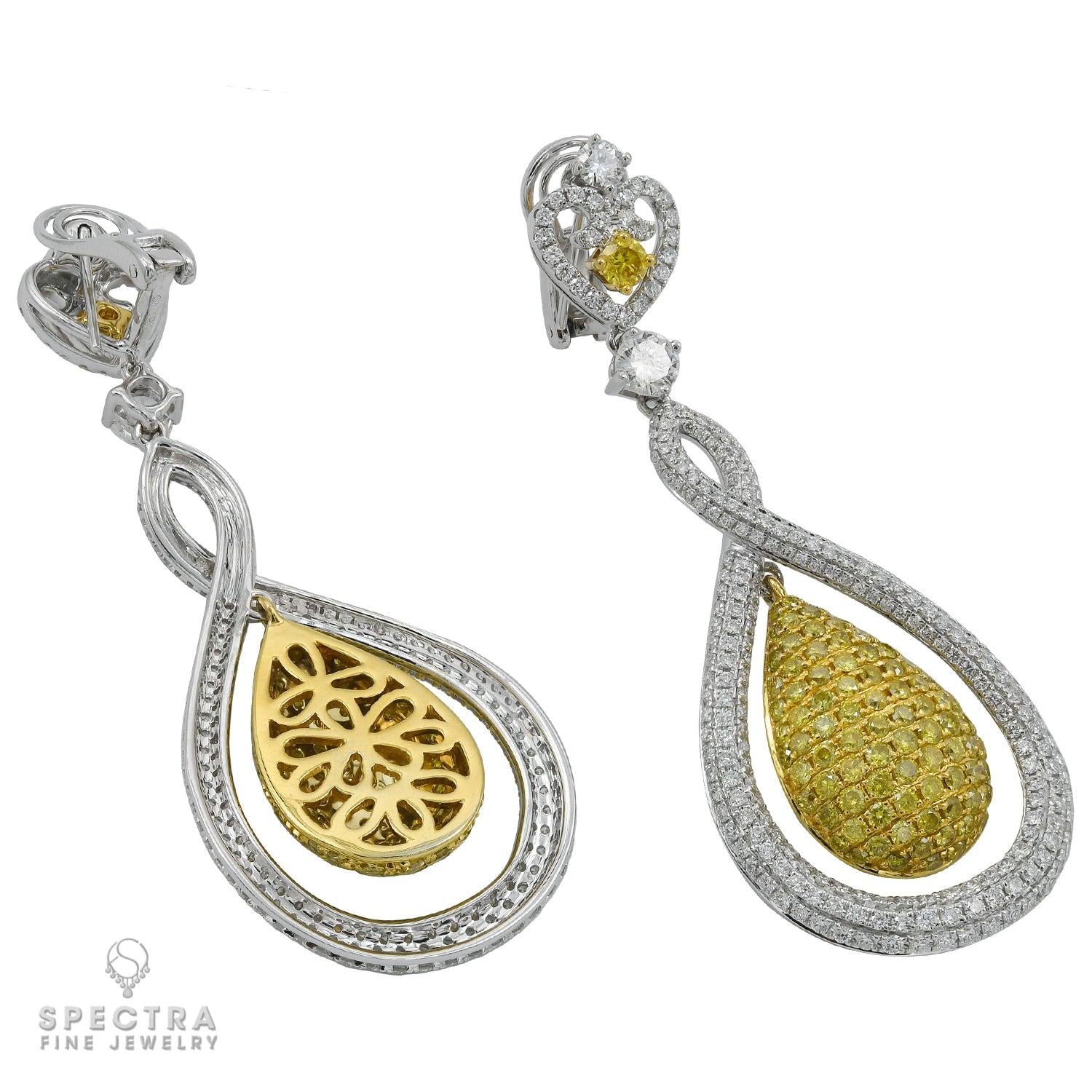 Contemporary Yellow White Diamond Pave Drop Earrings