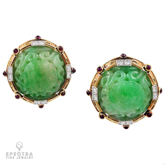 David Webb Ancient World Vintage Carved Jade Ear Clips
