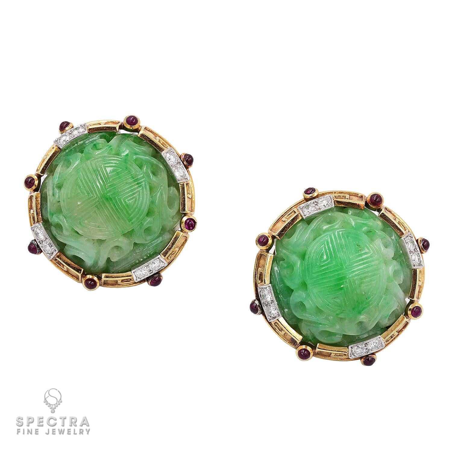 David Webb Ancient World Vintage Carved Jade Ear Clips