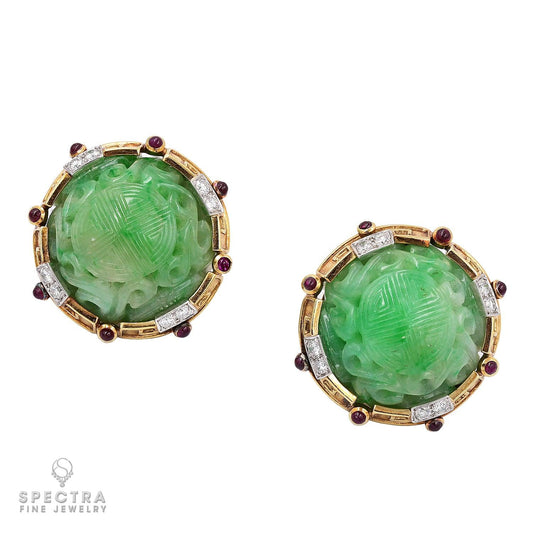 David Webb Ancient World Vintage Carved Jade Ear Clips