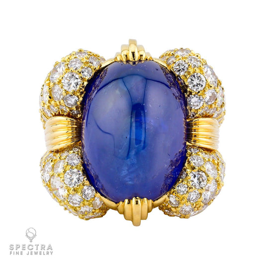 David Webb Cabochon Sapphire Diamond Gold Ring