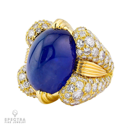 David Webb Cabochon Sapphire Diamond Gold Ring