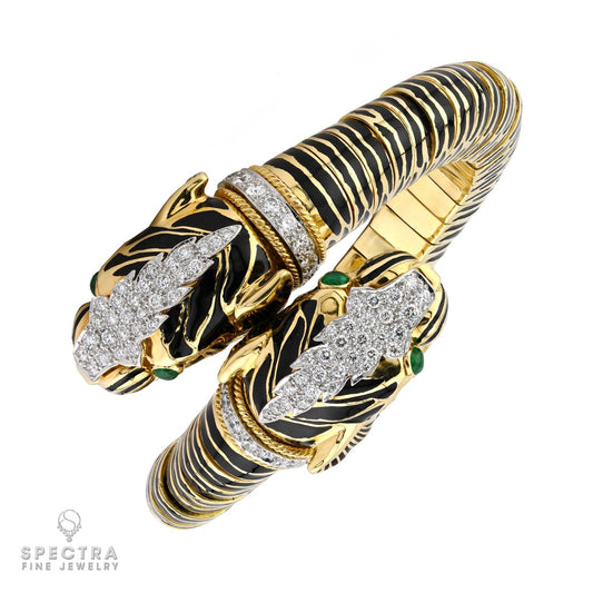 David Webb Diamond Emerald Double Head Tiger Bangle