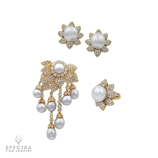 Diamond Pearl Brooch, Earrings, and Ring Set