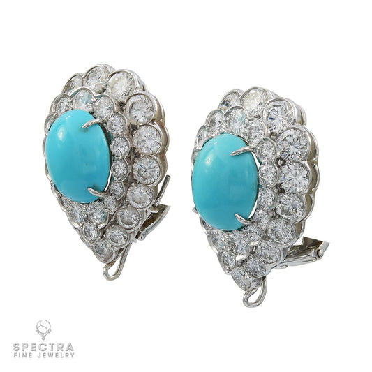 Exquisite Van Cleef & Arpels Cabochon Turquoise Diamond Earrings: A Timeless 1960s Treasure