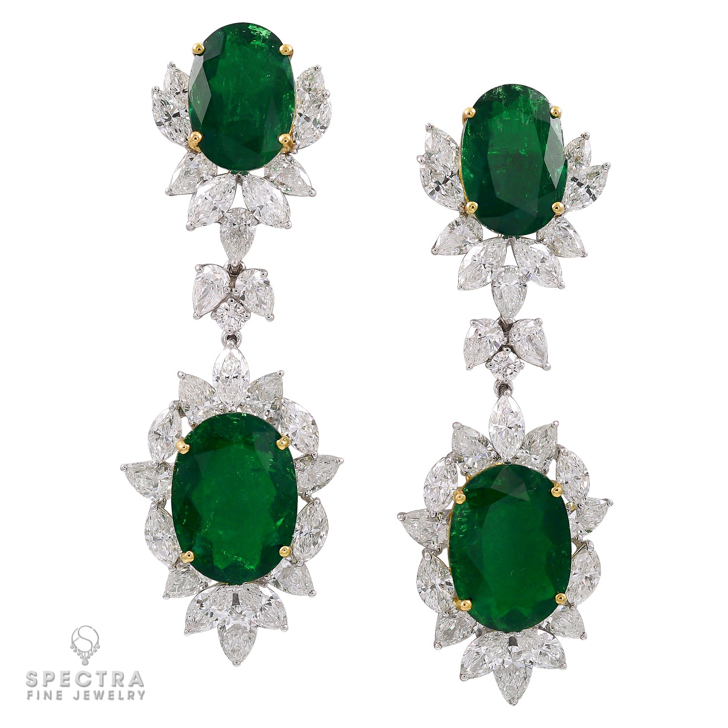Spectra Fine Jewelry 25.53 cts.  Colombian Emerald Diamond Drop Gold Earrings