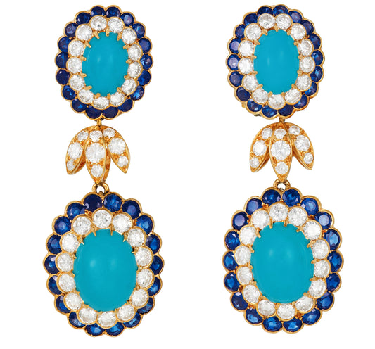 Van Cleef & Arpels Mid-Century Turquoise Diamond Sapphire Convertible Earrings
