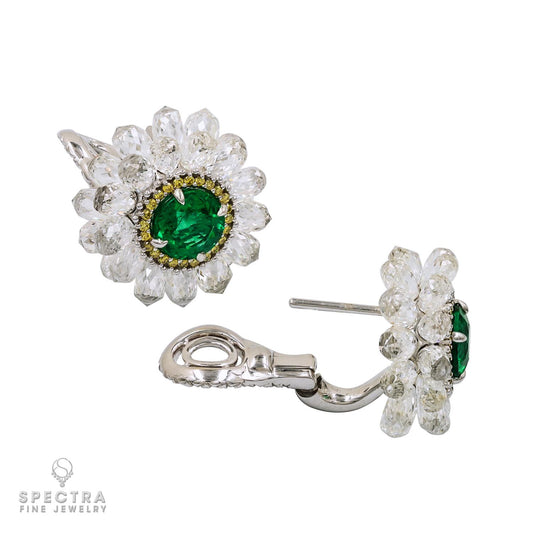 Contemporary Zambian Emerald Diamond Halo Button Earrings